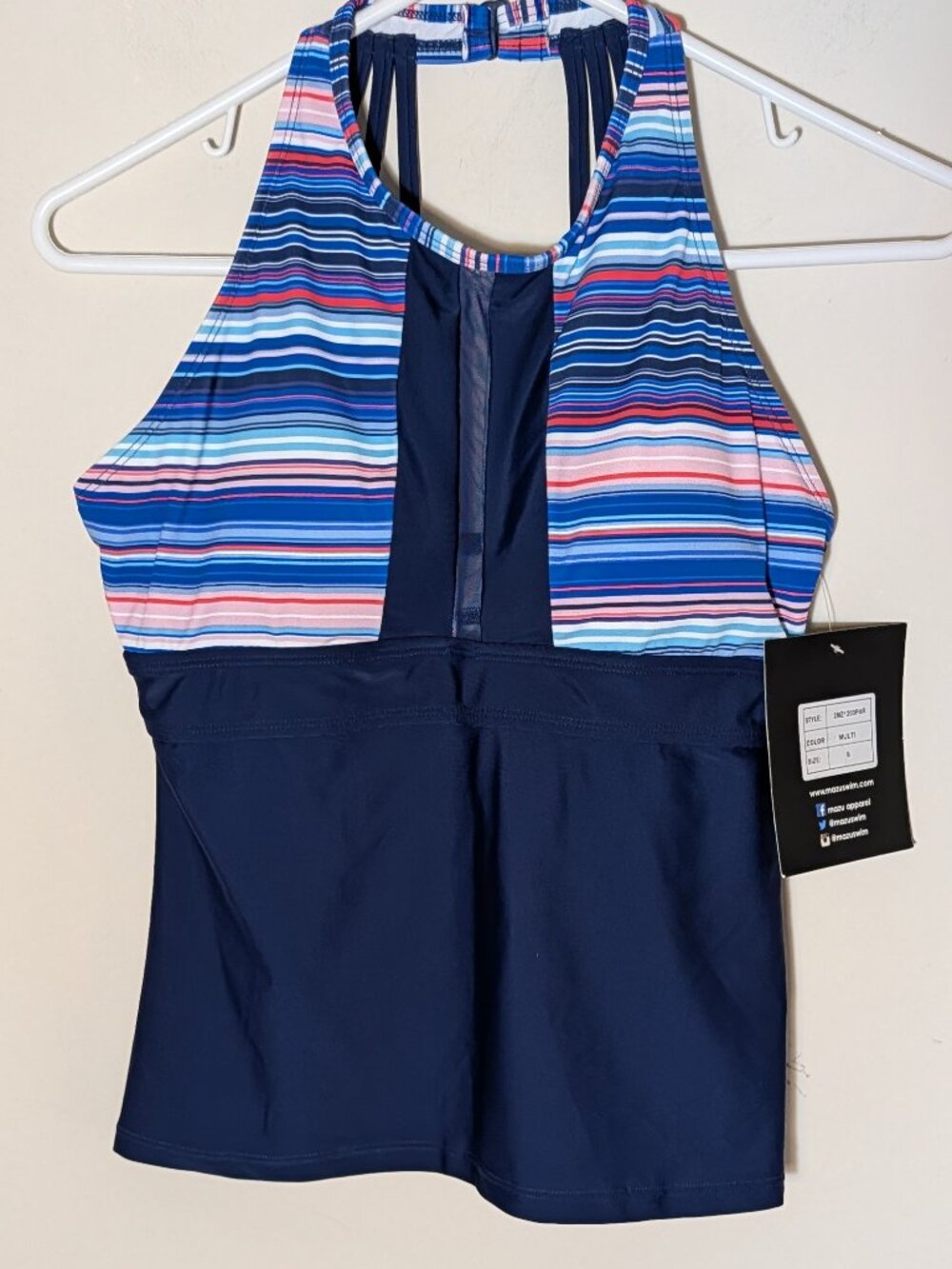 Mazu Swim Halter Top Straps Back Colorblock Navy Blue Swim Top Sz 8